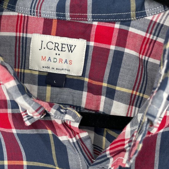 J. Crew MADRAS Shirt Size L Large Red Blue Plaid Mens Button Down 100% Cotton - Picture 2 of 5